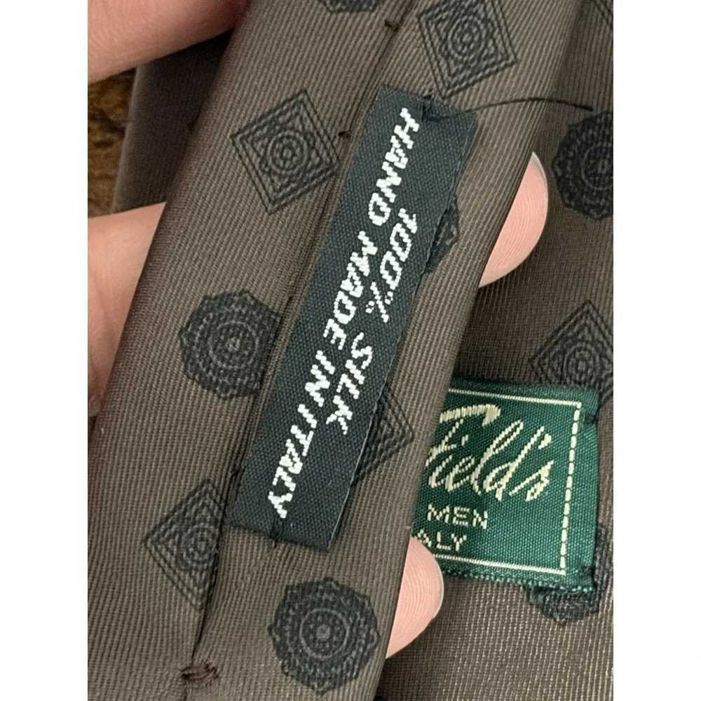 Vintage Marshall Field's Italian Silk Tie Brown Black Medallion Slim 3